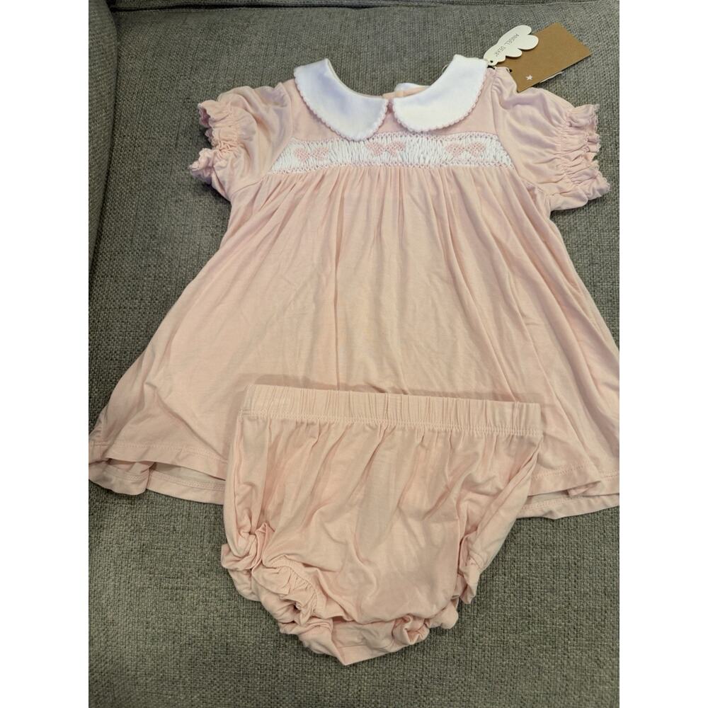 Angel Dear Smocked Bamboo Pink Peter Pan Collared Dress & Bloomers 18-24 M NWT
